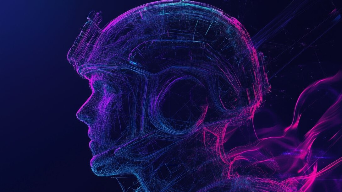 Digital illustration of a soldier in profile view wearing a helmet and tactical gear, rendered in glowing neon lines of blue and purple against a dark background, evoking a futuristic or cybernetic military concept.