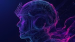 Digital illustration of a soldier in profile view wearing a helmet and tactical gear, rendered in glowing neon lines of blue and purple against a dark background, evoking a futuristic or cybernetic military concept.