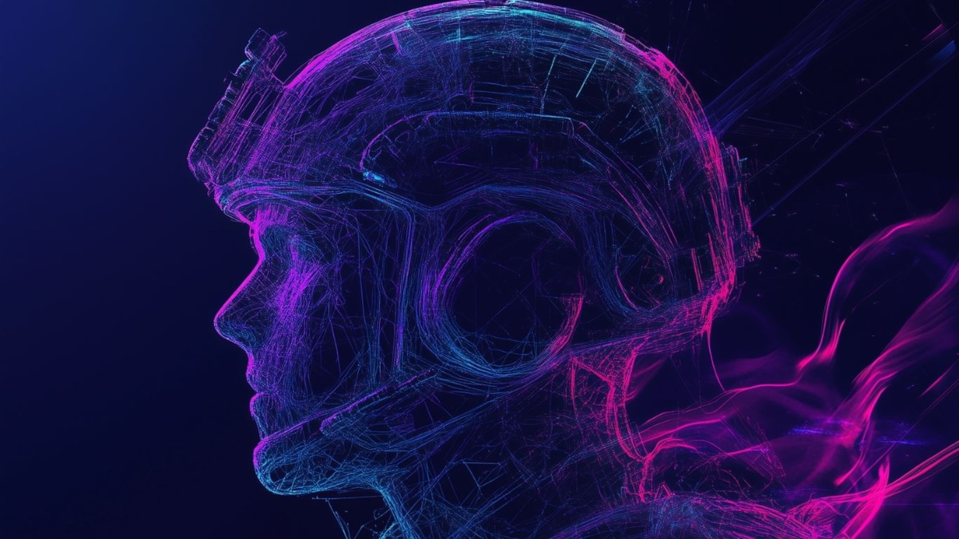 Digital illustration of a soldier in profile view wearing a helmet and tactical gear, rendered in glowing neon lines of blue and purple against a dark background, evoking a futuristic or cybernetic military concept.