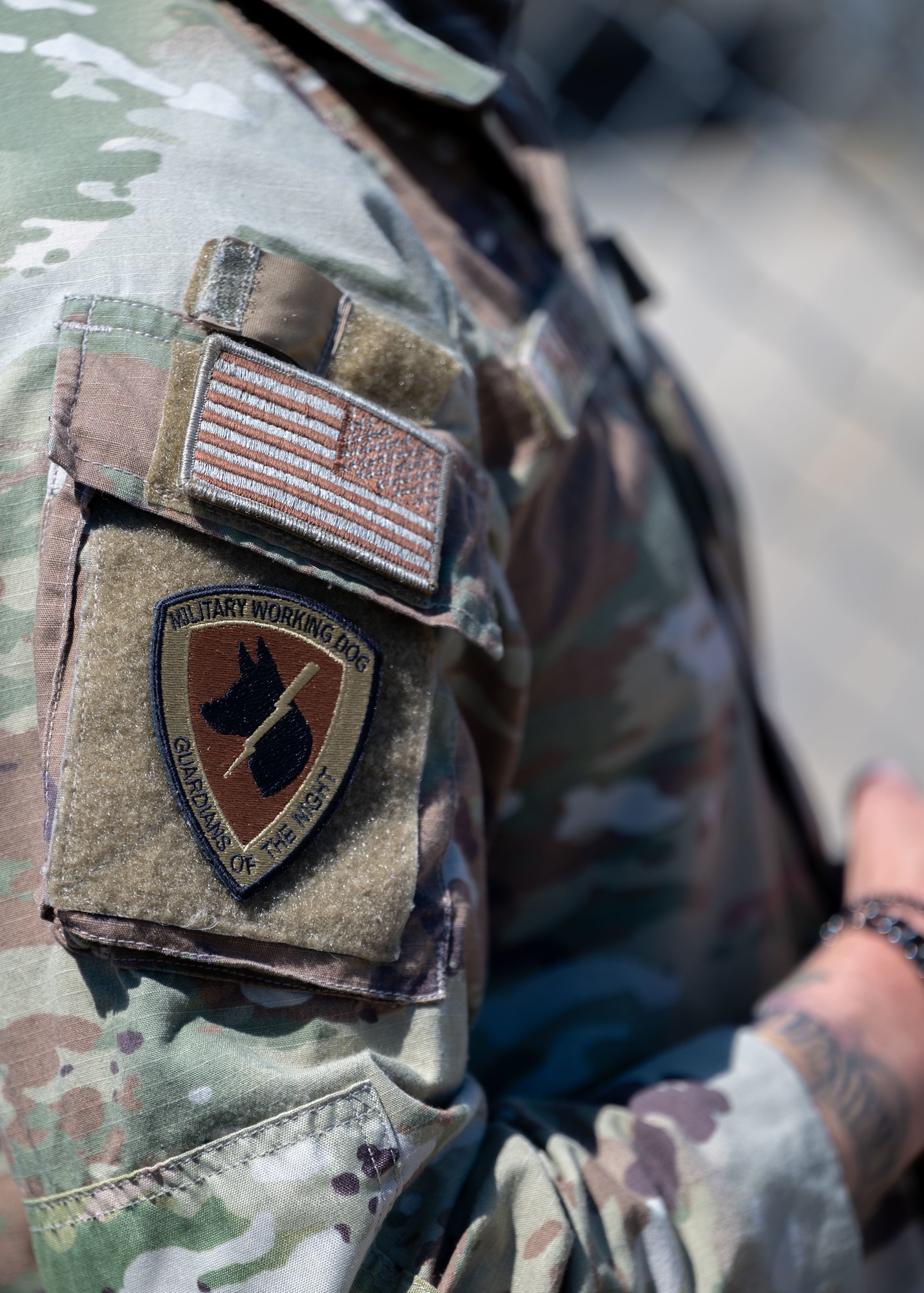 A military working dog patch is displayed on the arm of U.S. Air Force Staff Sgt. Zakary Phare, 30th Security Forces Squadron military working dog trainer, at Vandenberg Space Force Base, Calif., July 11, 2025. MWD handlers at Vandenberg are responsible for patrolling over 100,000 acres of land, searching for assailants, narcotics and explosives in support of the space launch mission on the installation.
