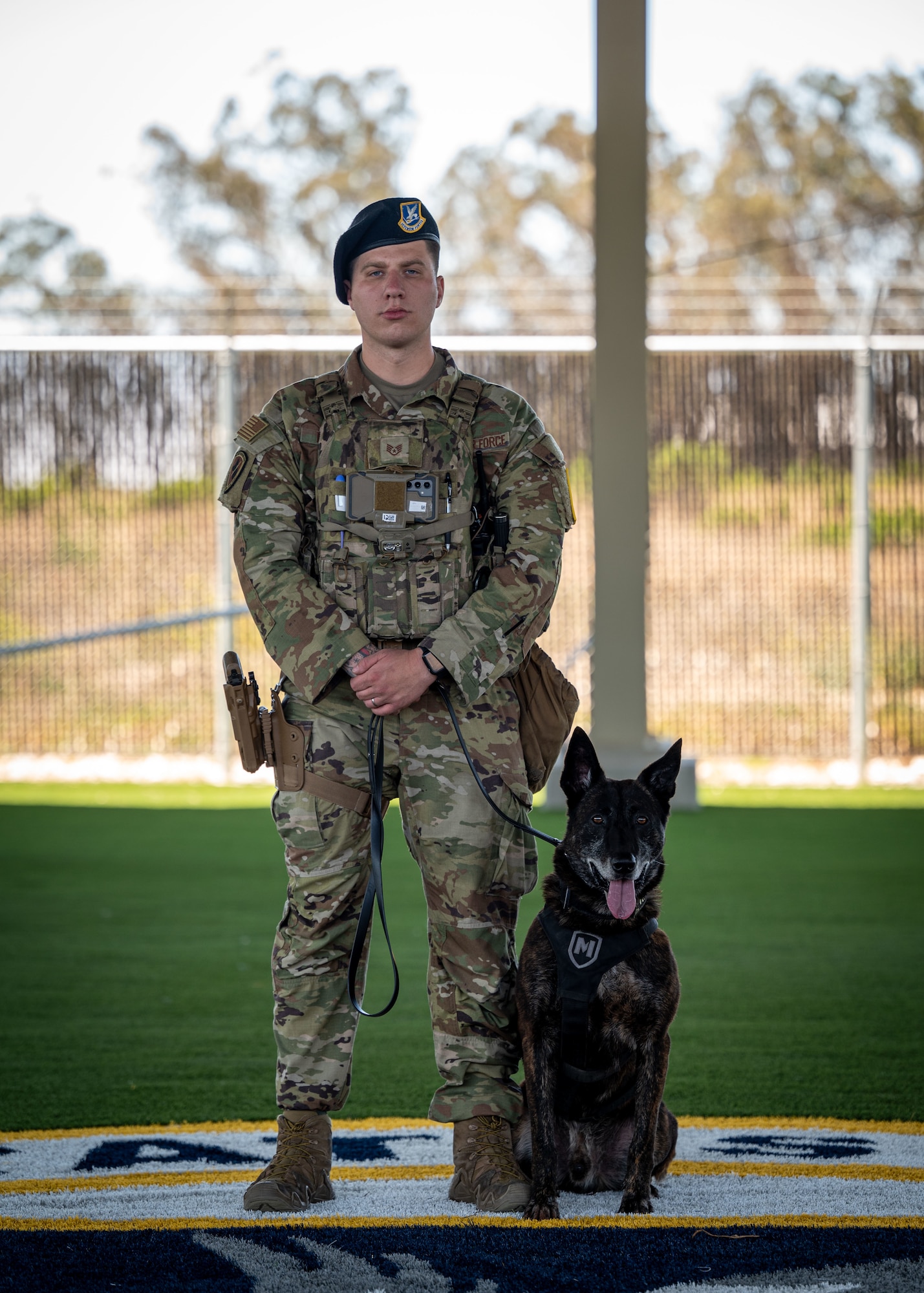 U.S. Air Force Staff Sgt. Trey Nelson, 30th Security Forces Squadron military working dog handler, and MWD Ringo, pose for a photo at Vandenberg Space Force Base, Calif., July 11, 2025. Military working dogs and their handlers work hand-in-paw to patrol, detect drugs and explosives, and perform specialized mission functions for the Department of Defense and other government agencies.