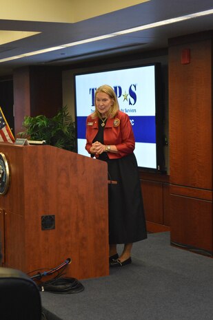 Bonnie Carroll, founder and president of the Tragedy Assistance Program for Survivors, speaks at Strategic Systems Programs' Leadership Learning Series in Washington, D.C.