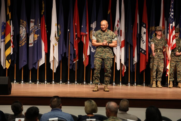 U.S. Marine Corps Sgt. Maj. Peter A. Siaw, incoming Marine Corps Combat Development Command Sgt. Maj. gives his remarks during a relief and appointment ceremony on Marine Corps Base Quantico, Va., July 11, 2025. At the ceremony, CD&I bid farewell to Sgt. Maj. Anthony J. Loftus and welcomed Sgt. Maj. Peter A. Siaw. (U.S. Marine Corps photo by Michael Bartman)