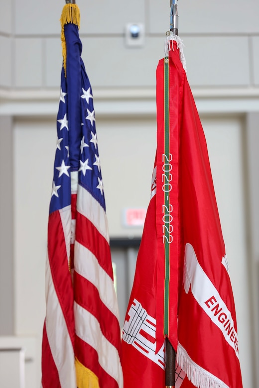 The award streamer, a green and red ribbon, is a U.S. Army decoration presented to units for outstanding meritorious performance during a difficult mission. ERDC earned its first streamer for providing mission-essential duties to support COVID-19 response efforts from March 1, 2020, to February 29, 2022.
