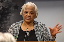 Wilhemenia Taylor, U.S. Army Financial Management Command Military Pay Operations financial management analyst, delivers remarks during her retirement ceremony at the Maj. Gen. Emmett J. Bean Federal Center in Indianapolis June 30, 2025. Taylor retired from USAFMCOM after more than 30 years of federal civil service and 15 years of military service. (U.S. Army photo by Mark R. W. Orders-Woempner)