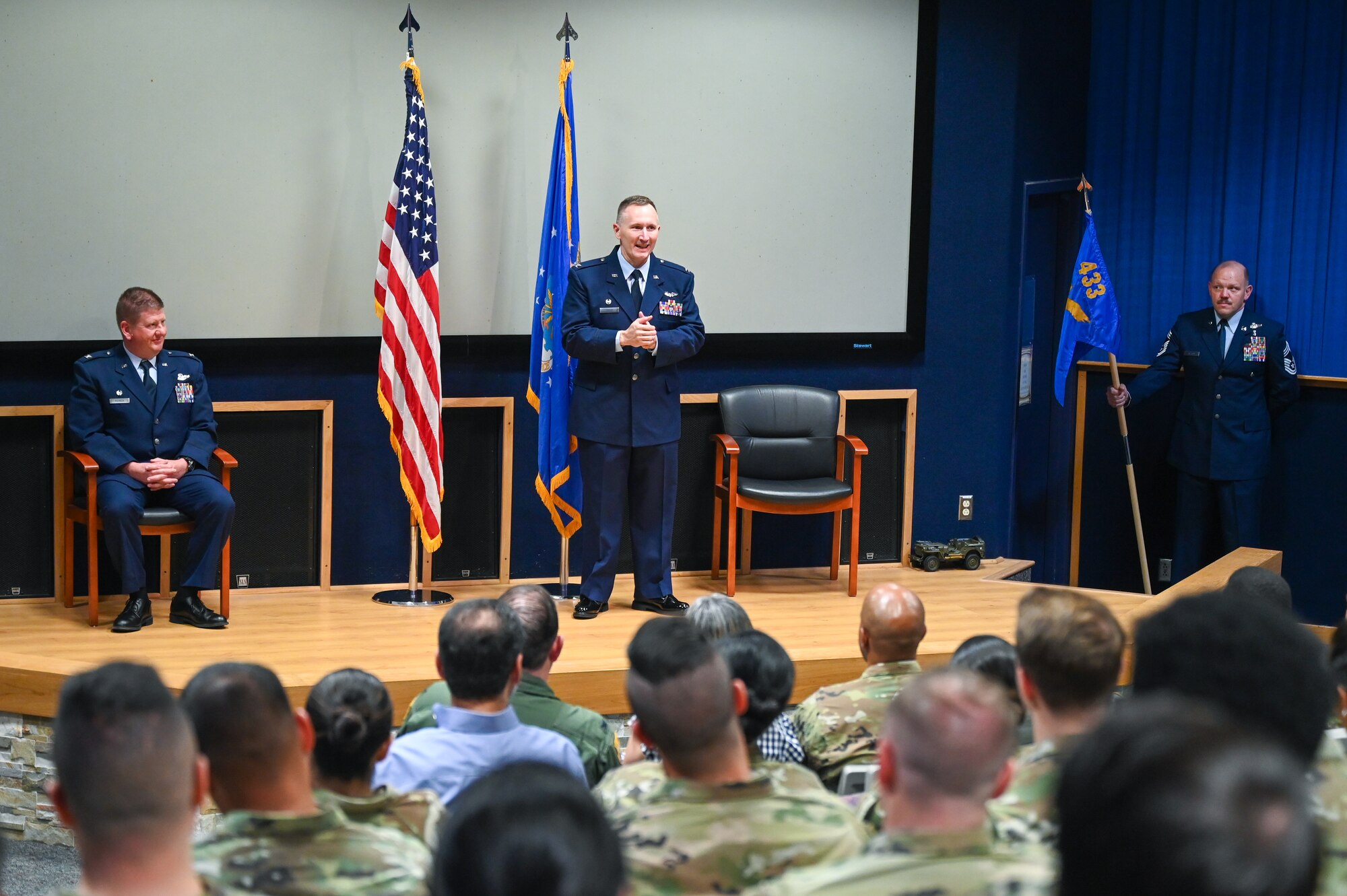 Col. David Bailey, 433rd Aeromedical Evacuation Squadron commander, delivers remarks during his assumption of command ceremony at Joint Base San Antonio-Lackland, Texas, July 12, 2025.