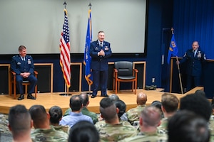 Col. David Bailey, 433rd Aeromedical Evacuation Squadron commander, delivers remarks during his assumption of command ceremony at Joint Base San Antonio-Lackland, Texas, July 12, 2025.