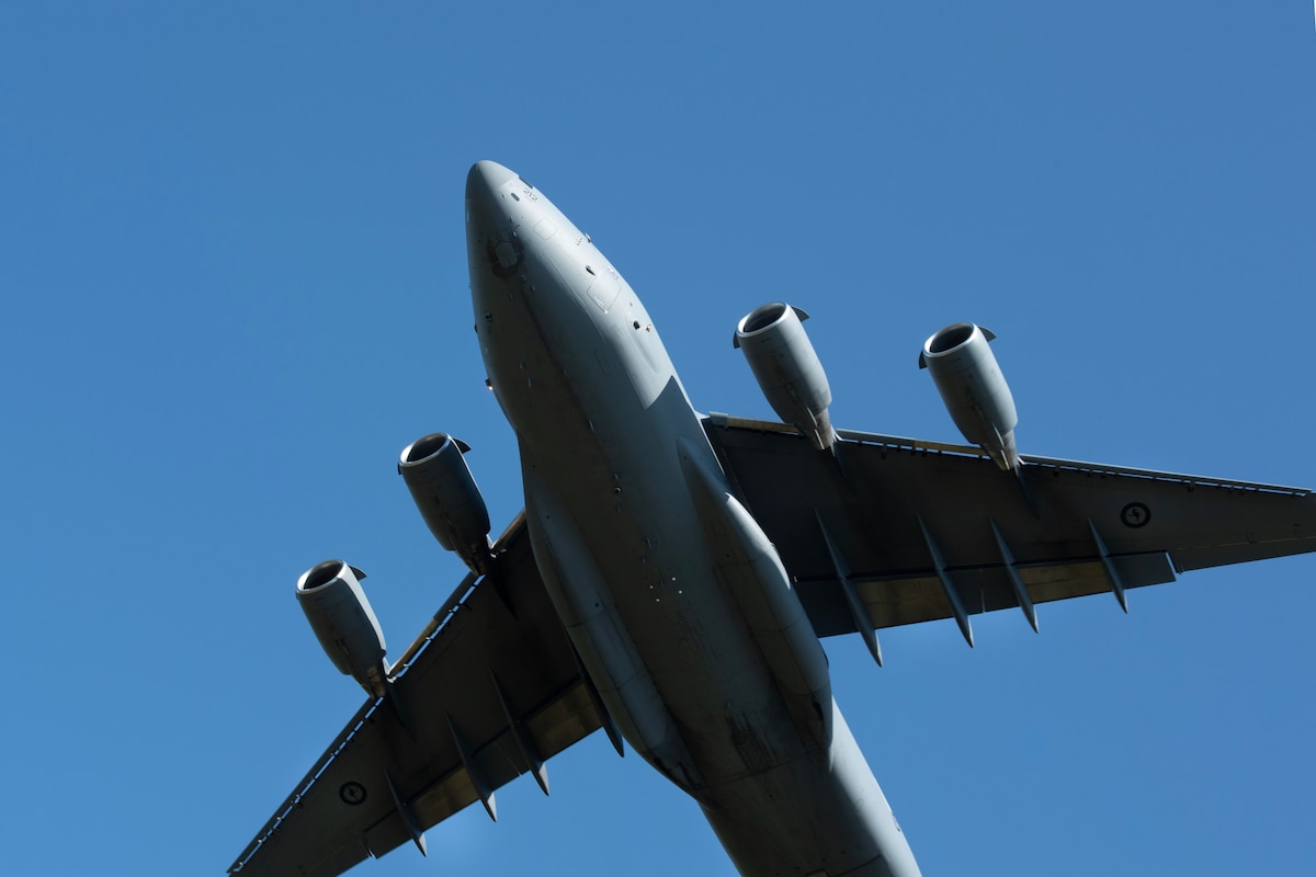 A Royal Australian Air Force C-17 Globemaster III departs from Joint Base Elmendorf-Richardson, Alaska, providing airlift support for 11th Airborne Division soldiers participating in Talisman Sabre 25, July 13, 2025