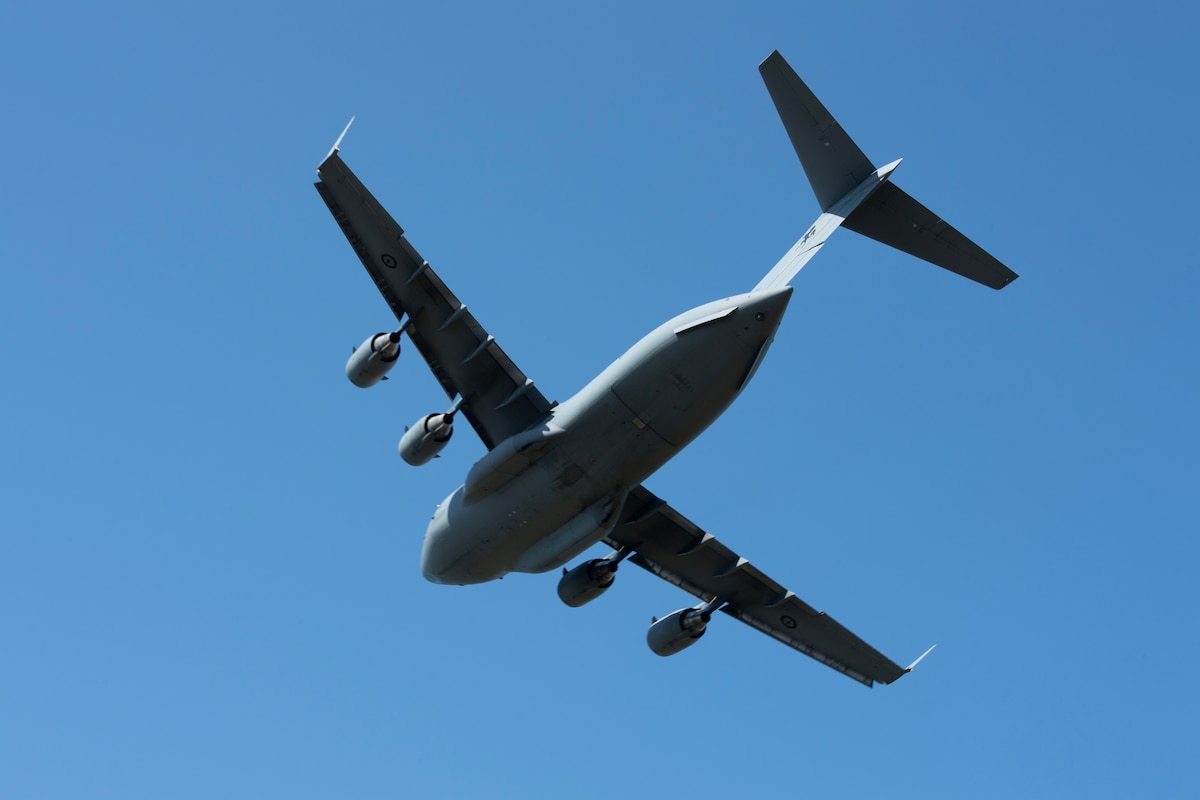 A Royal Australian Air Force C-17 Globemaster III departs from Joint Base Elmendorf-Richardson, Alaska providing airlift support for 11th Airborne Division soldiers participating in Talisman Sabre 25, July 13, 2025.