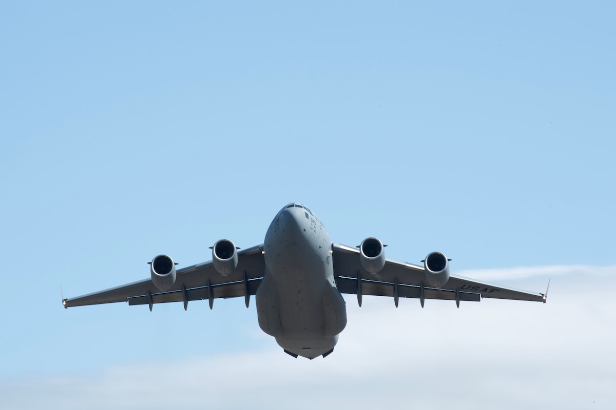 A U.S. Air Force 15th Wing, Joint Base Pearl Harbor-Hickam, Hawaii C-17 Globemaster III departs from Joint Base Elmendorf-Richardson, Alaska, providing airlift support for 11th Airborne Division soldiers participating in Talisman Sabre 25, July 13, 2025.