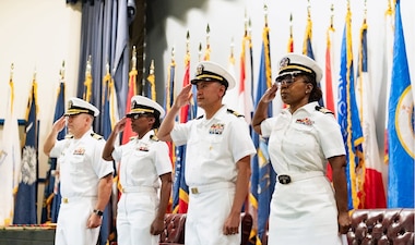 250711-O-SI336-2401 Cmdr. Jennifer L. Williams assumed leadership of Naval Medical Readiness Training Unit (NMRTU) Dahlgren and Naval Medical Readiness Training Center (NMRTC) Detachment Indian Head during a change of charge ceremony on Friday, July 11, 2025. Capt. Ken Radford, commanding officer of NMRTC Patuxent River, presided over the traditional event, which formally signifies the transfer of authority and responsibility from one officer in charge to another. Williams relieved Lt. Cmdr. Kristoffer Reyes, who is departing after a successful period of leadership at the command. Capt. Teresita Alston, the executive officer of NMRTC Patuxent River, served as the guest speaker for the occasion. Pictured from left to right: Capt. Ken Radford, Capt. Teresita Alston, Lt. Cmdr. Kristoffer Reyes and Cmdr. Jennifer Williams. Photo Credit: TSgt. William A. Whetstone