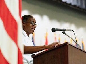 250711-O-SI336-7572 Cmdr. Jennifer L. Williams assumed leadership of Naval Medical Readiness Training Unit (NMRTU) Dahlgren and Naval Medical Readiness Training Center (NMRTC) Detachment Indian Head during a change of charge ceremony on Friday, July 11, 2025. Capt. Ken Radford, commanding officer of NMRTC Patuxent River, presided over the traditional event, which formally signifies the transfer of authority and responsibility from one officer in charge to another. Williams relieved Lt. Cmdr. Kristoffer Reyes, who is departing after a successful period of leadership at the command. Capt. Teresita Alston, the executive officer of NMRTC Patuxent River, served as the guest speaker for the occasion. Photo Credit: TSgt. William A. Whetstone