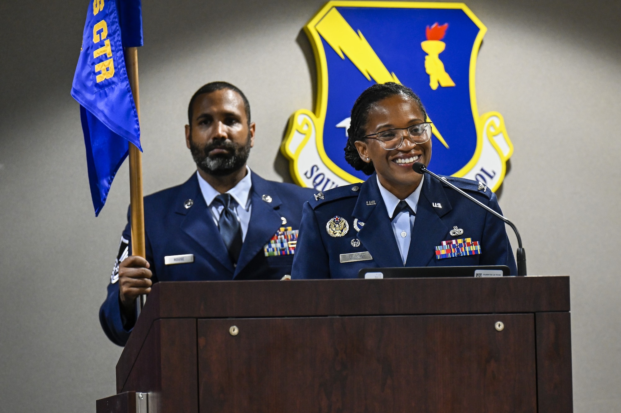 Col. Stephanie Q. Wilson gives a speech after taking command of the Thomas N. Barnes Center for Enlisted Education during an Assumption of Command ceremony at Maxwell Air Force Base, Alabama, July 14, 2025. (U.S. Air Force photo by Brian Ferguson)