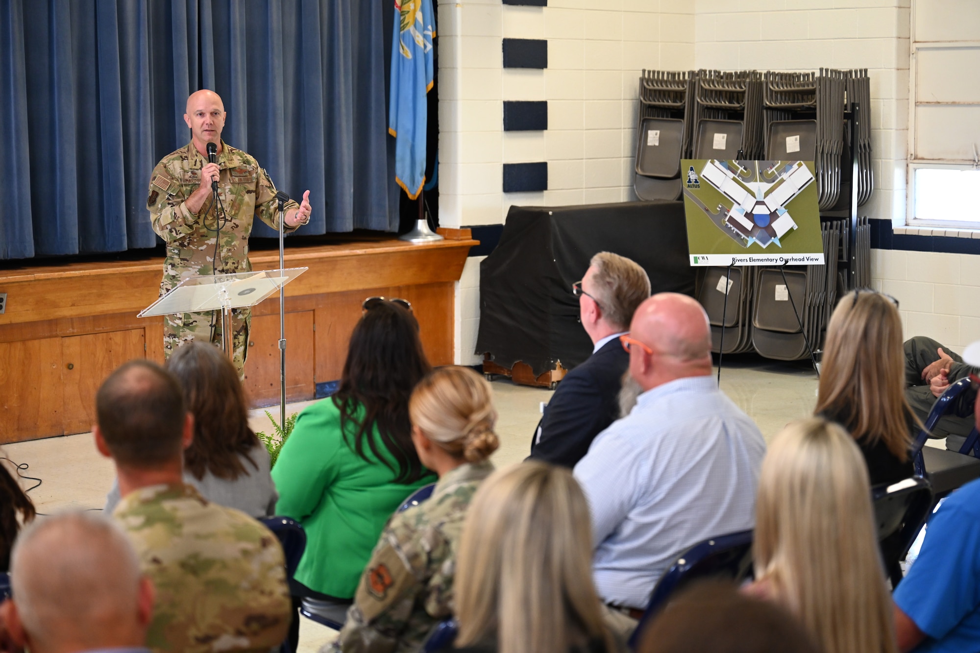 U.S. Air Force Col. Jeff Marshall, former 97th Air Mobility Wing commander, speaks during aground breaking ceremony for a new schoolhouse at Altus Air Force Base, Oklahoma, July 8,2025. Once complete, the schoolhouse will accommodate more than 600 students. (U.S. Air Force photo by Airman 1st Class Nathan Langston)