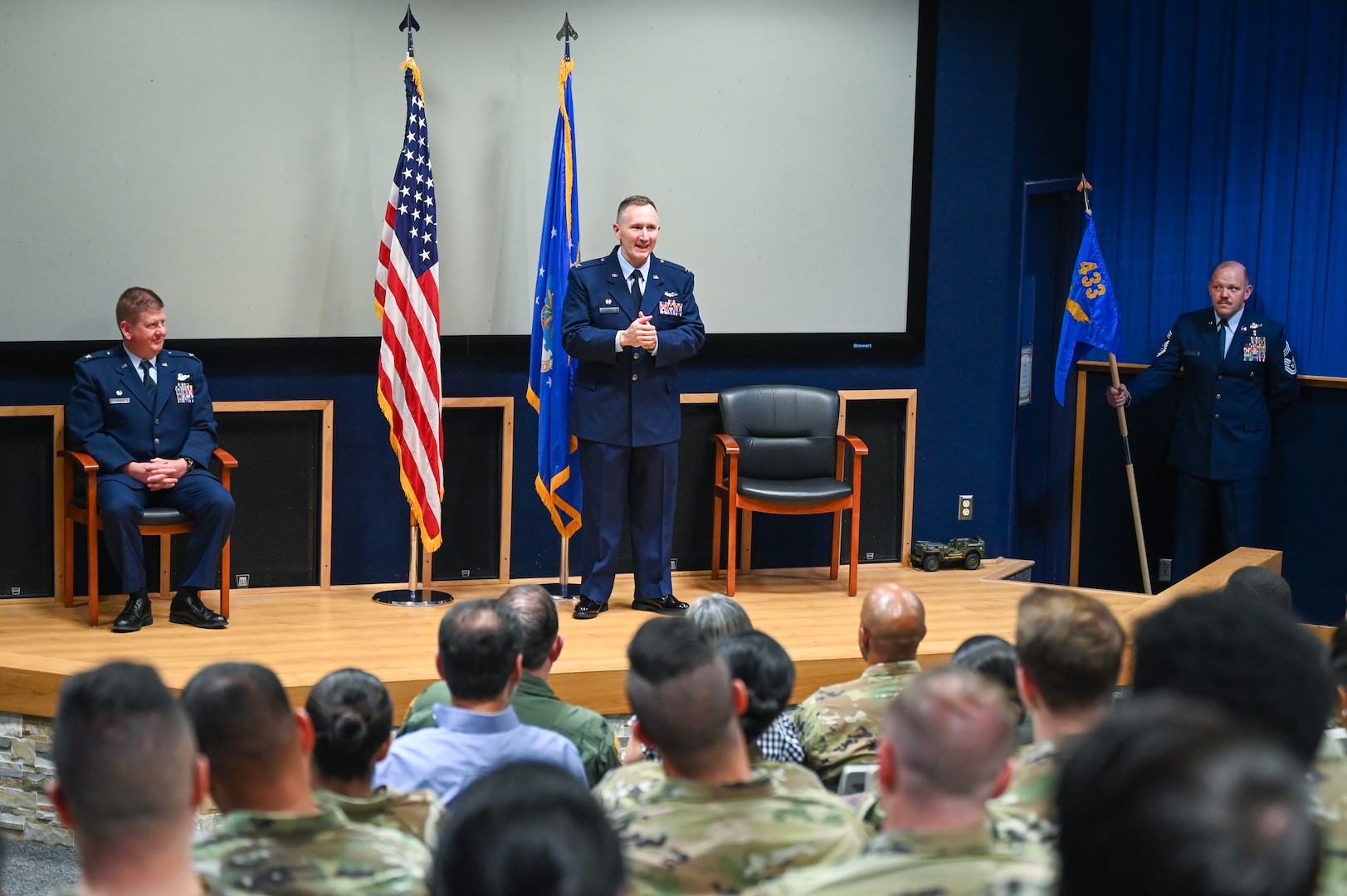 Col. David Bailey, 433rd Aeromedical Evacuation Squadron commander, delivers remarks during his assumption of command ceremony at Joint Base San Antonio-Lackland, Texas, July 12, 2025.