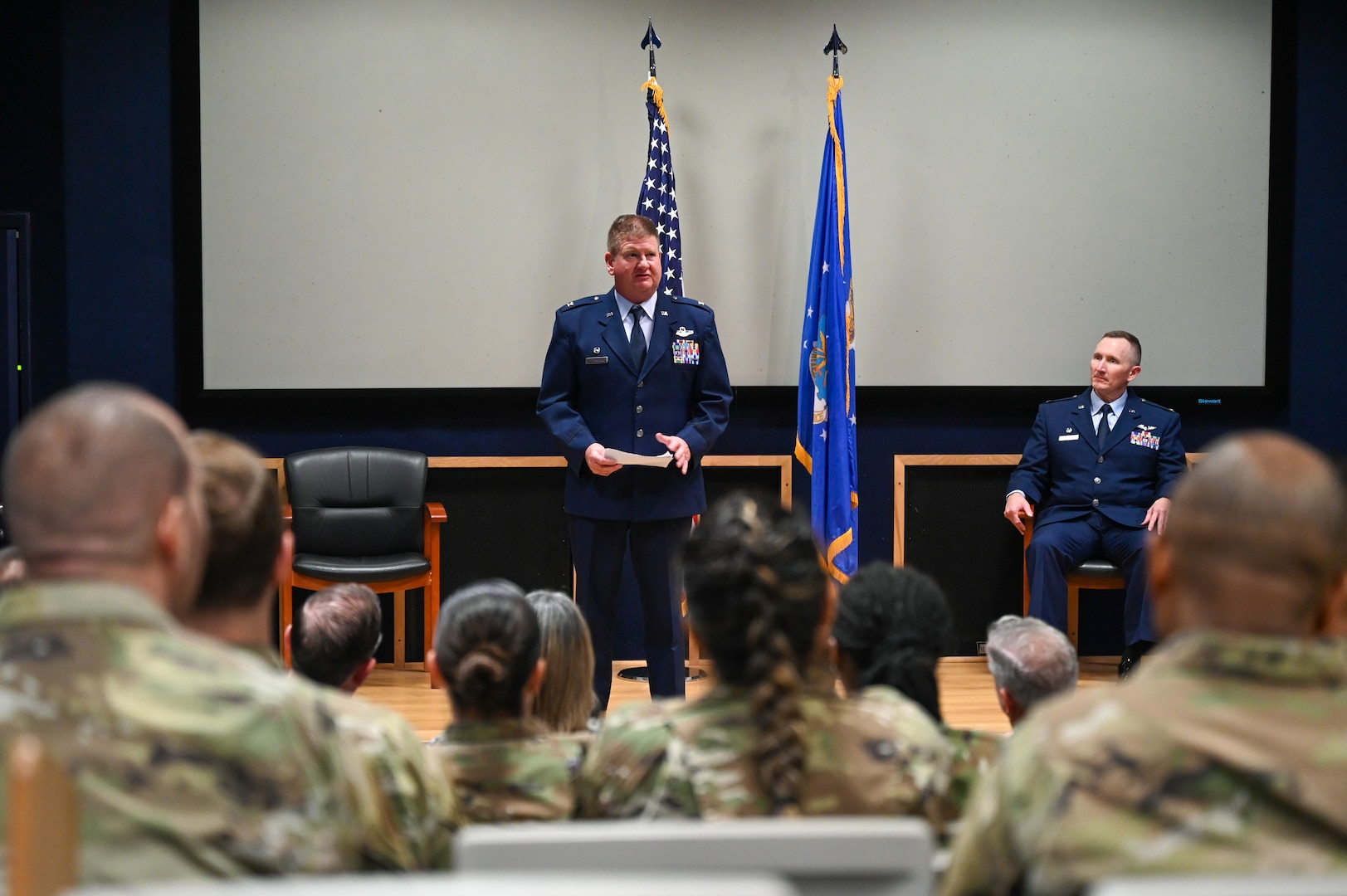 Col. Jeremy Patrick, 433rd Operations Group commander and presiding official, delivers remarks during an assumption of command ceremony for the 433rd Aeromedical Evacuation Squadron at Joint Base San Antonio-Lackland, Texas, July 12, 2025.