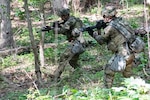 Virginia National Guard Soldiers assigned to the Winchester-based 3rd Battalion, 116th Infantry Regiment, 116th Infantry Brigade Combat Team conduct a movement to contact training lane June 17, 2025, at Fort Pickett, Virginia. The 116th is the first Army National Guard brigade to test the approved task organization for a mobile brigade combat team, and it will be evaluated during a 21-day eXportable Combat Training Capability rotation.