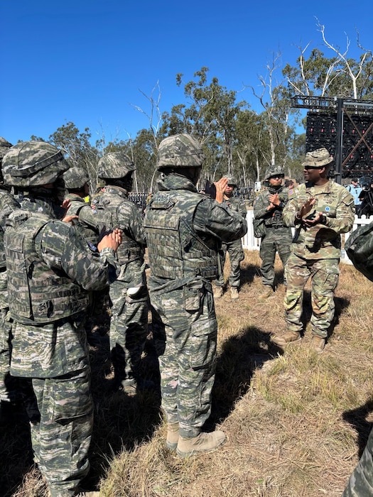 Gen Xavier Brunson, Commander of the United Nations command, Combined Forces Command and U.S Forces Korea talks with Republic of Korea Marines from the 11th Artillery Battalion, 1st Marine Division during Talisman Sabre at the Shoalwater Bay Training Area in Queensland July 14, 2025.