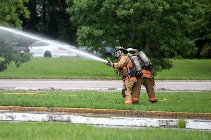 Naval Air Station Oceana Fire and Emergency services participate in mass casualty exercise in preparation for the 2025 NAS Oceana Air Show. The mass casualty exercise tested the installation’s ability to effectively respond to a large-scale emergency and its ability to collaborate with community partners and first responders. (U.S. Navy photo by Mass Communication Specialist 2nd Class Noah J. Eidson
