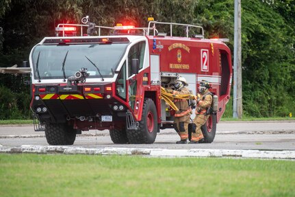 Naval Air Station Oceana Fire and Emergency services participate in mass casualty exercise in preparation for the 2025 NAS Oceana Air Show. The mass casualty exercise tested the installation’s ability to effectively respond to a large-scale emergency and its ability to collaborate with community partners and first responders. (U.S. Navy photo by Mass Communication Specialist 2nd Class Noah J. Eidson