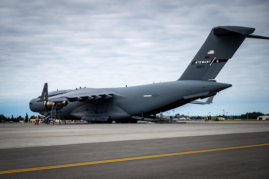 A New York Air National Guard C-17 Globemaster III is prepped for loading in support of Talisman Sabre at Joint Base Elmendorf-Richardson, Alaska, July 13, 2025.