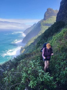 Safety starts with me – Cpt. Kellie O’Boyle, the 405th Army Field Support Brigade security and intelligence officer (S-2), said she is a big advocate of the ’Ten Essentials of Hiking’ which are navigation, light, sun protection, first aid, tools, fire, shelter, food and water, clothing, and communication. Pictured here, O’Boyle hikes in Hawaii. (Courtesy photo)