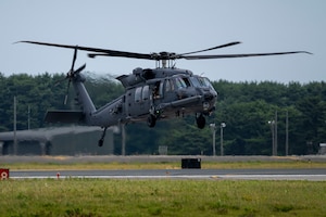 A U.S. Air Force HH-60W Jolly Green II assigned to the 106th Rescue Wing lands during exercise Resolute Force Pacific (REFORPAC) 2025 at Misawa Air Base, Japan, July 15, 2025.