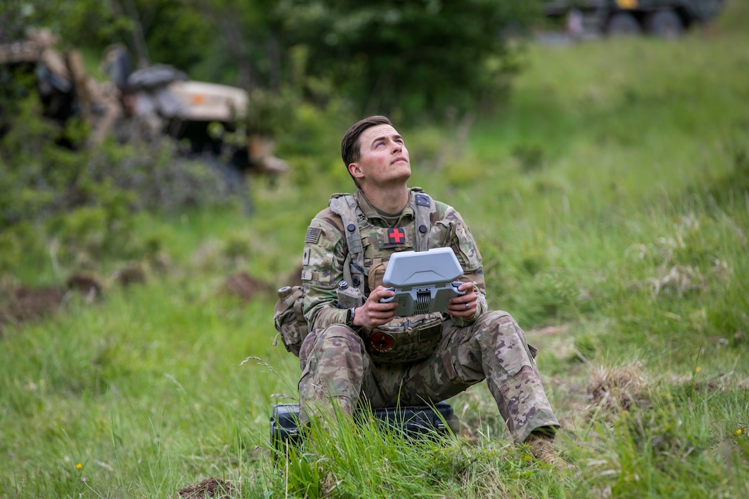 Skydio X10E4TT drone shortly after deploying it for surveillance during exercise Combined Resolve 25