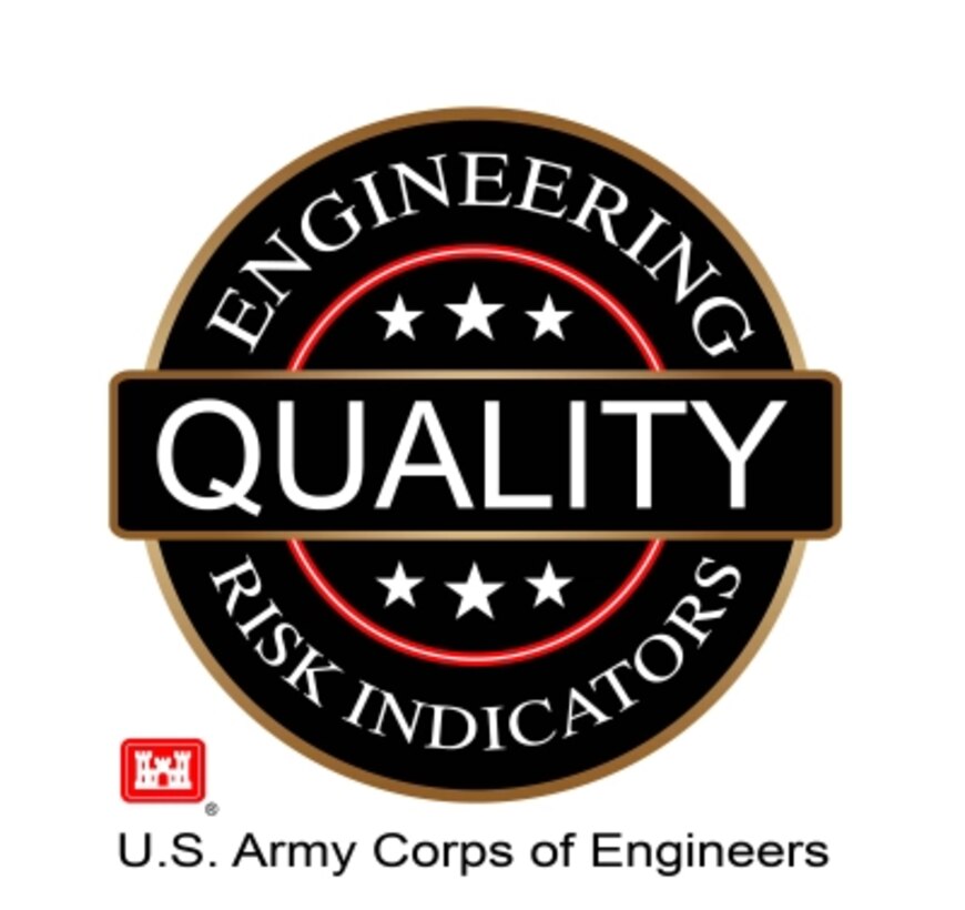 Round logo in black with white lettering that says Engineering Quality Risk Indicators with the Corps Castle and U.S. Army Corps of Engineers.