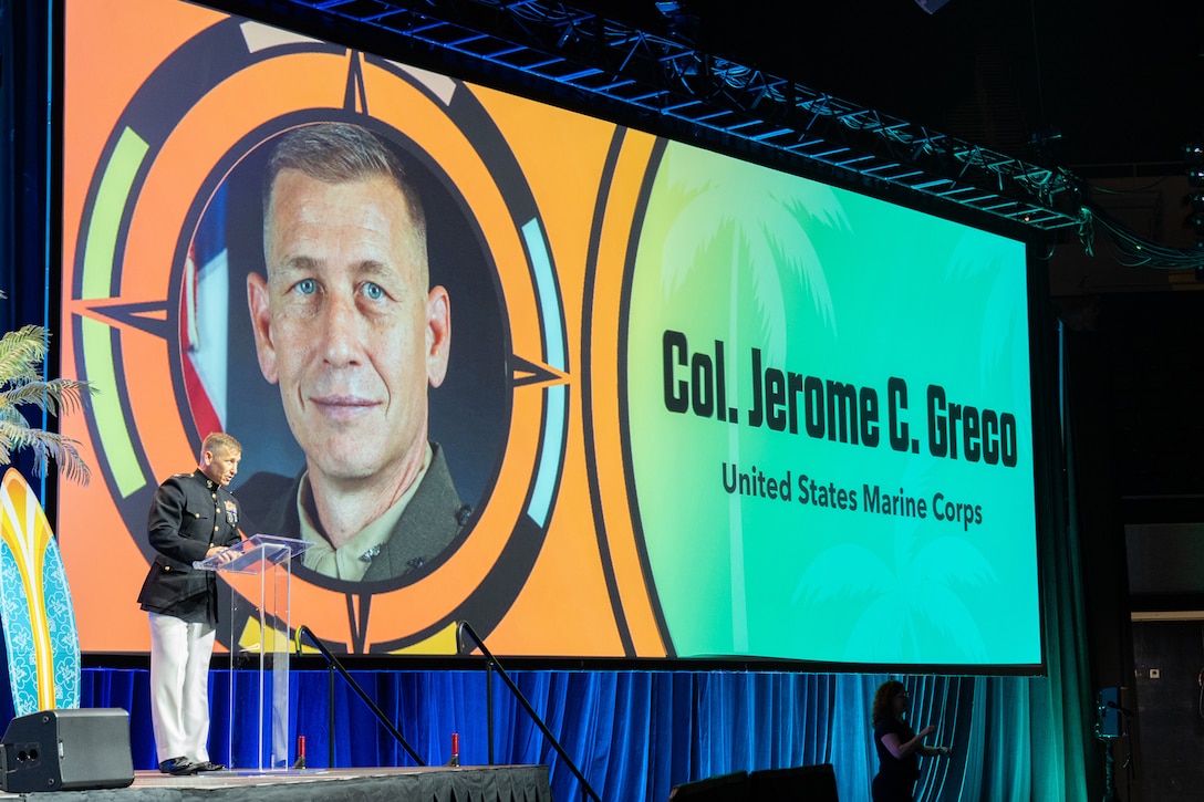 U.S. Marine Corps Colonel Jerome C. Greco, Commanding Officer, 12th Marine Corps District, Marine Corps Recruiting Command, speaks to attendees of the 2025 American School Counselor Association Conference in Long Beach, Ca., July 12, 2025. The Marine Corps partners with ASCA to strengthen relationships with the American people and showcase the Corps’ purpose, values, and service opportunities.  The partnership reinforces relationships and develops school counselor advocates who have direct access to talented men and women. (U.S. Marine Corps photo by Sgt. Fred Garcia)