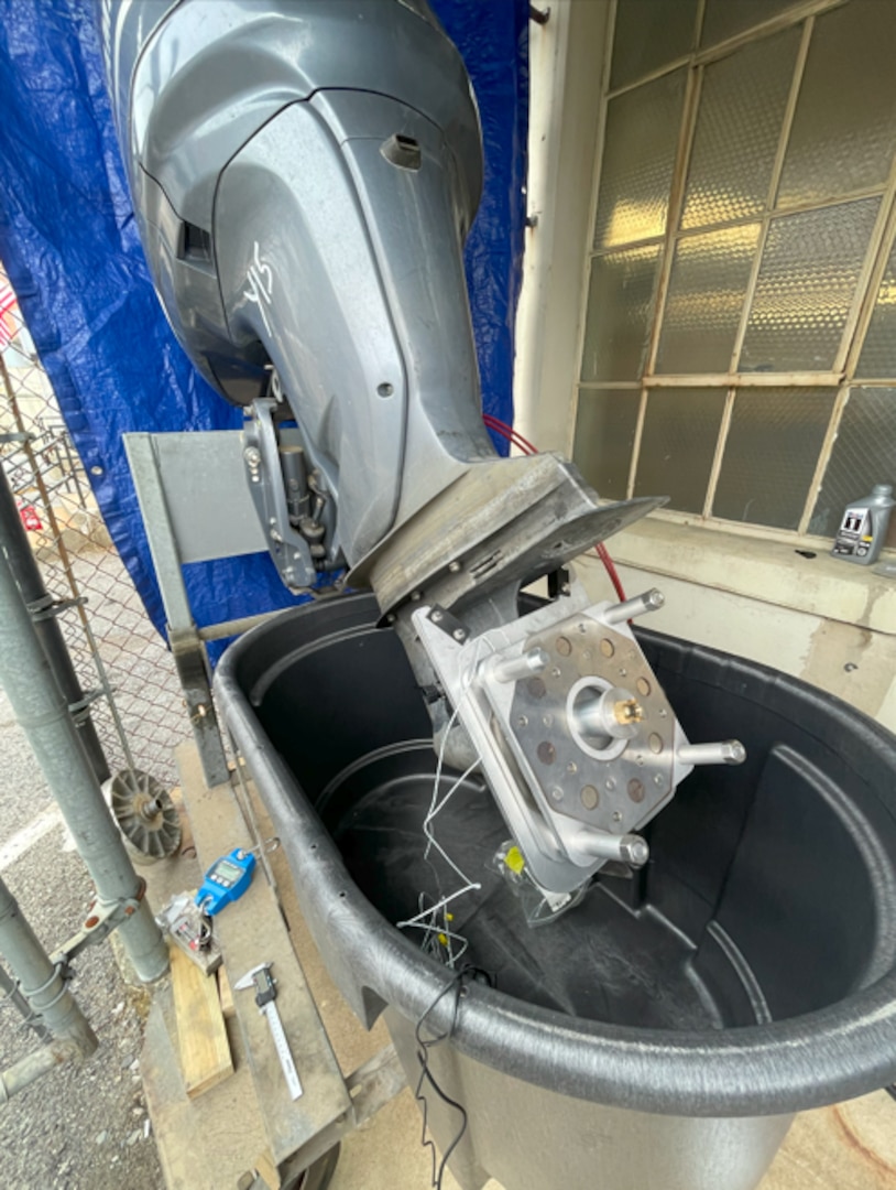 BLACKSBURG, Va. – The Outboard Motor Dynamometer system, which utilizes eddy current braking for energy dissipation, was tested at Naval Surface Warfare Center Dahlgren Division (NSWCDD) on April 9, 2024. (NSWCDD Photo)