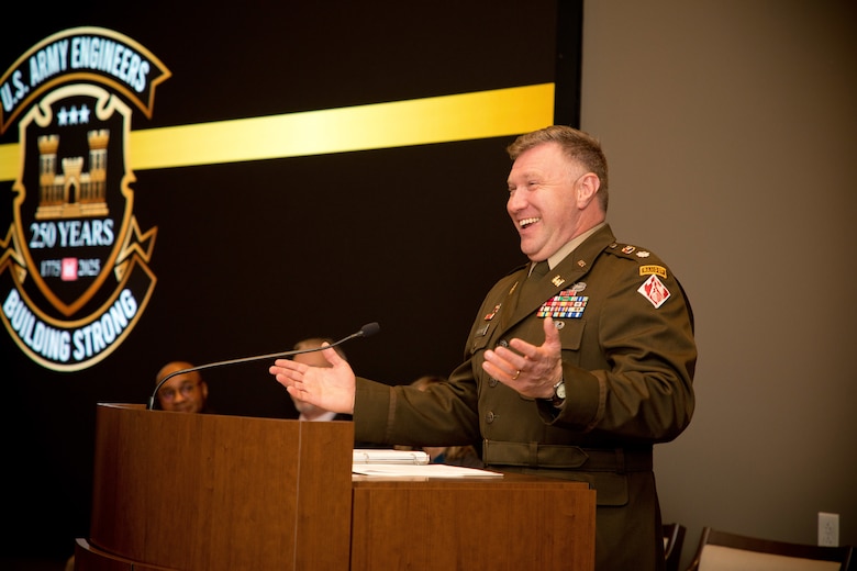 ERDC Commander Lt. Col. Joshua Haynes addresses the audience with excitement in becoming a leader at one of the Army’s premier organizations.