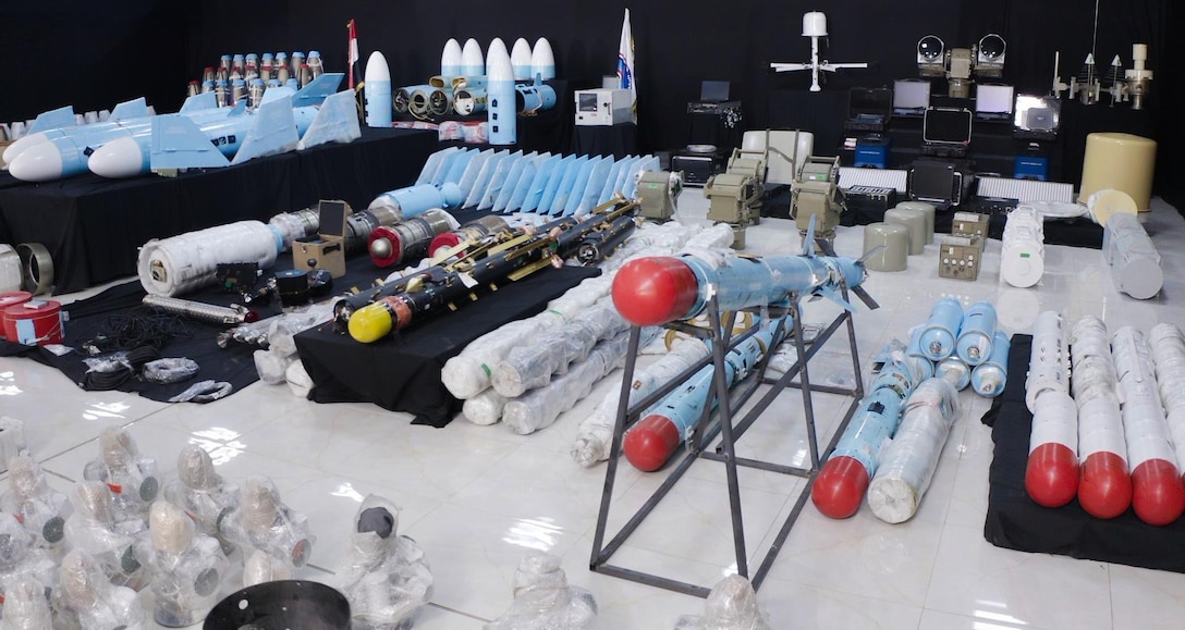 The Yemeni National Resistance Forces (NRF) intercepted and seized over 750 tons of munitions and hardware to include hundreds of advanced cruise, anti-ship, and anti-aircraft missiles, warheads and seekers, components as well as hundreds of drone engines, air defense equipment, radar systems, and communications equipment. According to the NRF, there were manuals in Farsi and many of the systems were manufactured by a company affiliated with the Iranian Ministry of Defense that is sanctioned by the United States. The illegal shipment was intended for use by the Iranian-backed Houthis. (U.S. Central Command Public Affairs courtesy photo)