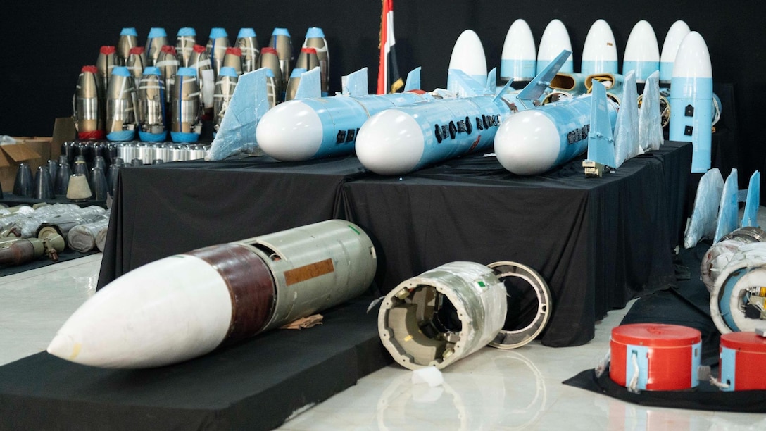 The Yemeni National Resistance Forces (NRF) intercepted and seized over 750 tons of munitions and hardware to include hundreds of advanced cruise, anti-ship, and anti-aircraft missiles, warheads and seekers, components as well as hundreds of drone engines, air defense equipment, radar systems, and communications equipment. According to the NRF, there were manuals in Farsi and many of the systems were manufactured by a company affiliated with the Iranian Ministry of Defense that is sanctioned by the United States. The illegal shipment was intended for use by the Iranian-backed Houthis. (U.S. Central Command Public Affairs courtesy photo)