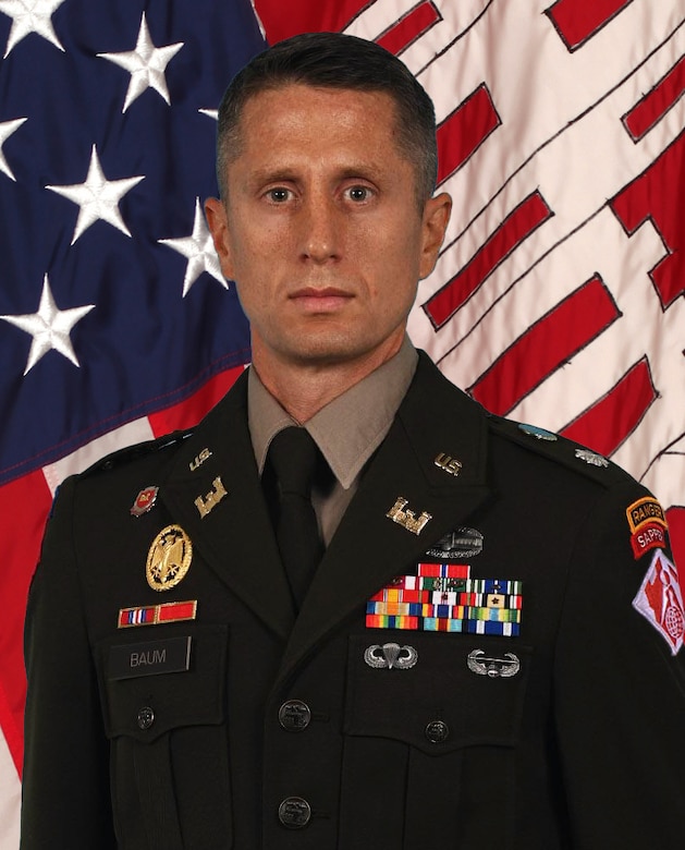 Baum is originally from Carlisle, PA. He commissioned as a Second Lieutenant in the engineer regiment from Drexel University ROTC in 2007. He began his career with the 7th Engineer Battalion, Fort Drum, New York, where he served as a platoon leader in the 630th Engineer Company and deployed to Afghanistan in support Operation Enduring Freedom. Baum later served as the executive officer of the 642nd Engineer Support Company while deployed to Iraq in support of Operation Iraqi Freedom. Following the Infantry Captain’s Career Course, Baum was assigned to Schofield Barracks, Hawaii where he commanded both the 66th Engineer Company and Headquarters Company, 2nd Stryker Brigade Combat Team, 25th Infantry Division. Upon completion of graduate school and the Command and General Staff College, Baum served with the U.S. Army Corps of Engineers Seattle District, as a deputy district commander. LTC Baum was then assigned to Fort Carson, Colorado where he served as the Battalion Operations officer of the 299th Brigade Engineer Battalion and the brigade executive officer of 1st Stryker Brigade Combat Team, 4th Infantry Division, where he deployed in support of Operation Inherent Resolve. Most Recently, Baum served as the deputy engineering division chief for the U.S. Army Intelligence and Security Command, Fort Belvoir, Va.

Baum’s education includes a Bachelor and Master of Science degrees in Mechanical Engineering from Drexel University. He is a Project Management Professional (PMP) and a licensed Professional Engineer in the state of Missouri. His military education includes Ranger Leader Course, Sapper Leader Course, Air Assault School, Airborne School, and Winter Mountain Warfare School. 

Baum is married and has three children.