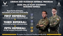 The Stellar Talent Acquisition Recruiting Referral and Stripes for Referrals programs are tools used by current service members to refer new recruits through the AIM HIGH app, May 18, 2023. STARR aims to incentivize all Airmen and Guardians to inspire the next generation to serve in the Air Force and Space Force, see more in DAFMAN 36-2806 and DAFMAN 36-2032. (U.S. Air Force Illustration)