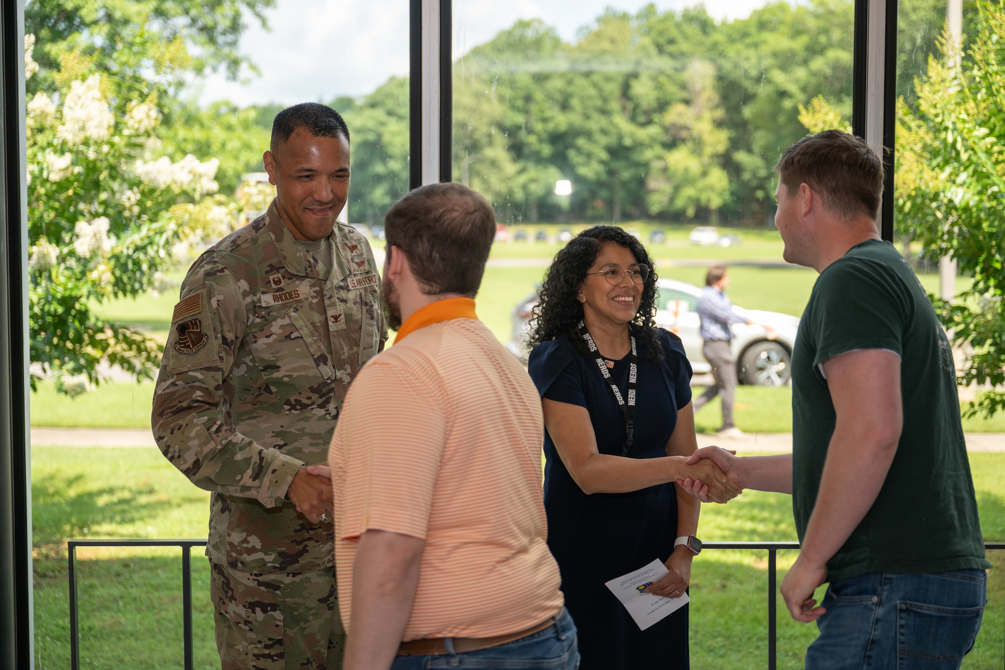 Col. Jack Rhodes, left, and his wife Susana greet members of the Arnold Engineering Development Complex team following a July 11, 2025, Change of Command ceremony at the University of Tennessee Space Institute near Arnold Air Force Base, Tenn., headquarters of AEDC. Rhodes assumed command of the 804th Test Group. (U.S. Air Force photo by Keith Thornburgh)