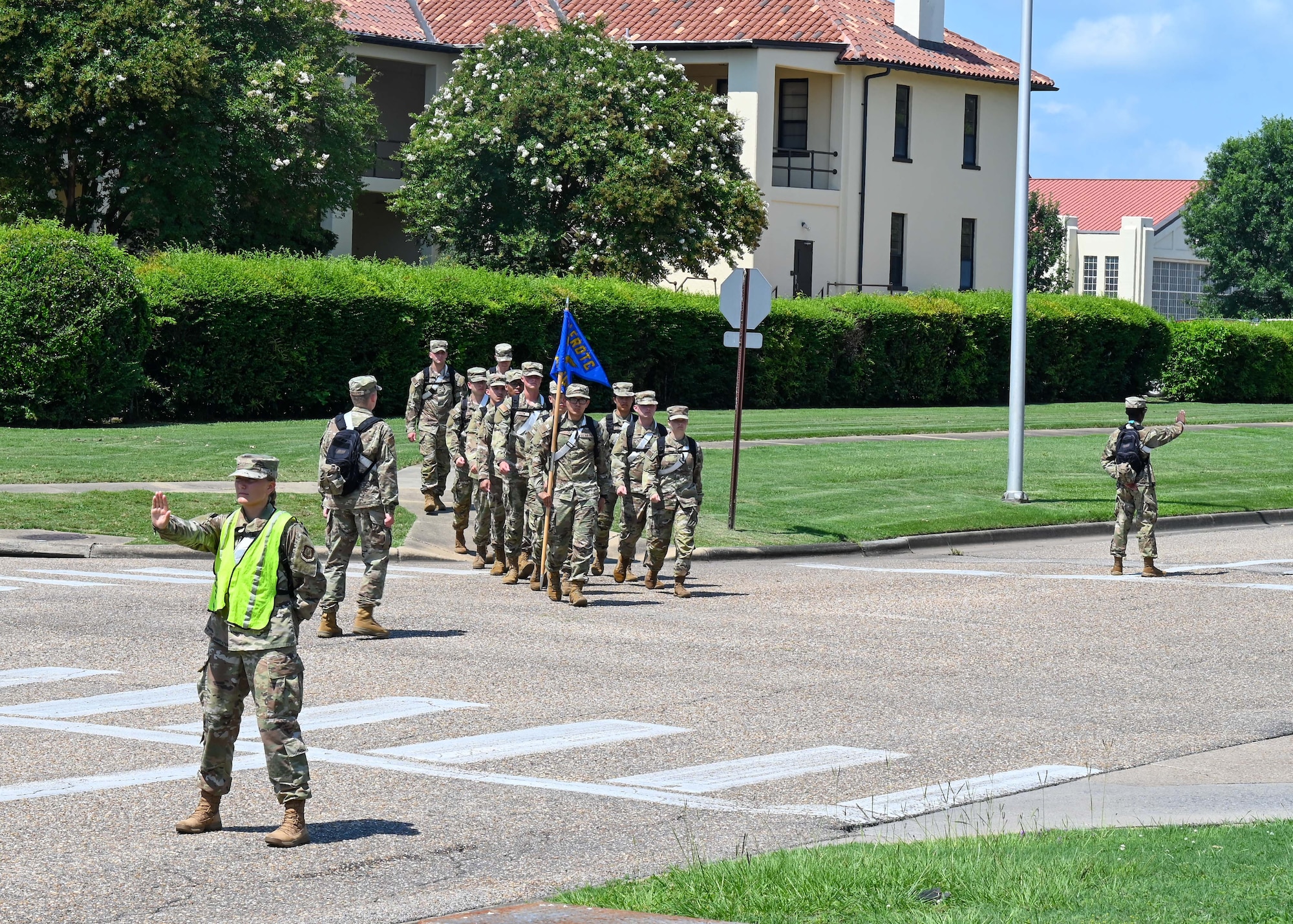 Air Force Reserve Officer Training Corps cadets march back to their squadron after chow at Maxwell Air Force Base, June 23, 2025.