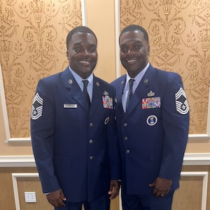 Chief Master Sgt. Nicholas Jackson, Air Combat Command Inspector General mission support branch superintendent, left, and Chief Master Sgt. Nathan Jackson, 345th Recruiting Squadron senior enlisted leader, pose together following Nicholas’s promotion ceremony at Joint Base Langley-Eustis, Virginia, May 30, 2025.