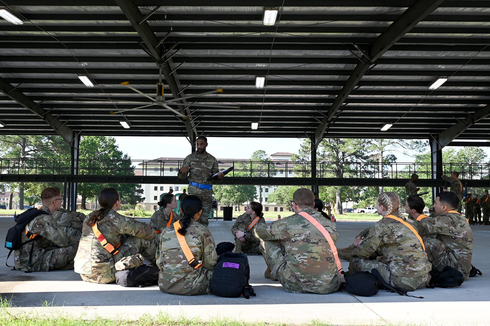 An Air Force Reserve Officer Training Corps cadre gives feedback to cadets during drill evaluation at Maxwell Air Force Base, May 22, 2025.