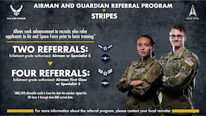 The Stellar Talent Acquisition Recruiting Referral and Stripes for Referrals programs are tools used by current service members to refer new recruits through the AIM HIGH app, May 18, 2023. STARR aims to incentivize all Airmen and Guardians to inspire the next generation to serve in the Air Force and Space Force, see more in DAFMAN 36-2806 and DAFMAN 36-2032. (U.S. Air Force Illustration)