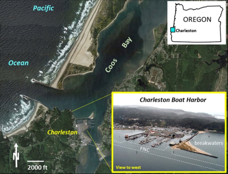 Aerial photo of Coos Bay with inset photo of Charleston Boat Harbor.