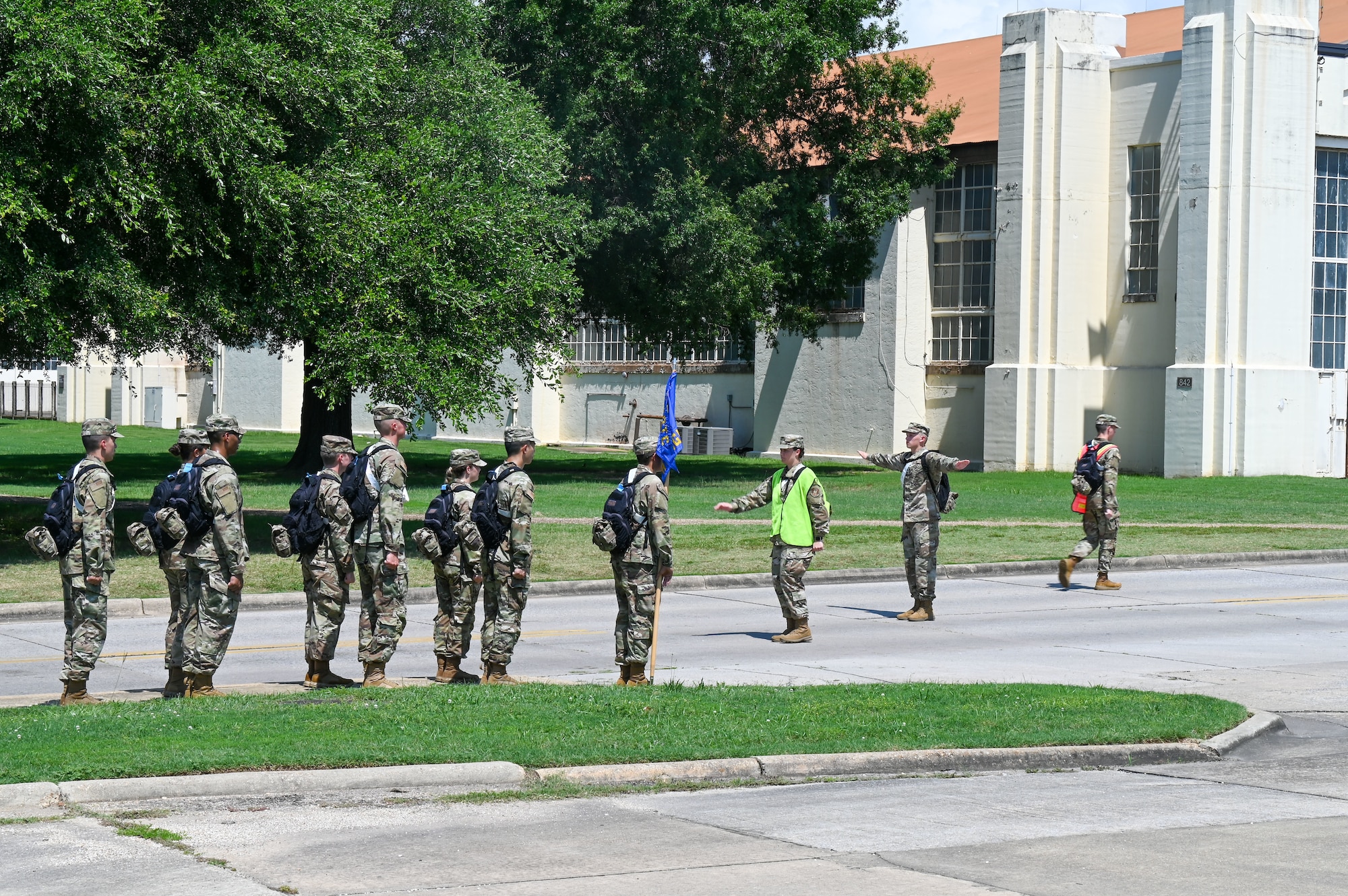 Air Force Reserve Officer Training Corps cadets march back to their squadron after chow at Maxwell Air Force Base, June 23, 2025.