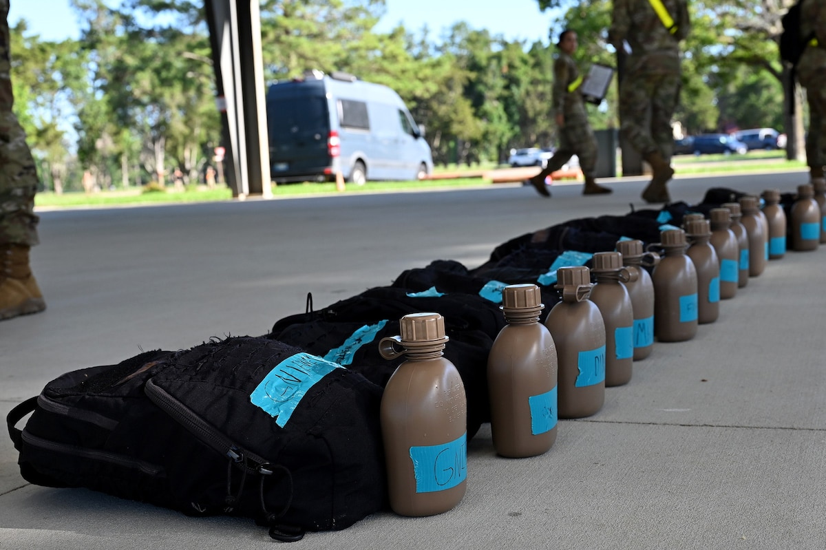 Air Force Reserve Officer Training Corps cadets perform drill evaluations during field training at Maxwell Air Force Base, May 22, 2025.