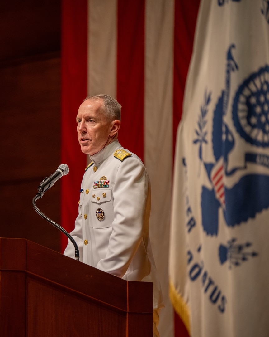 Acting Commandant of the Coast Guard Adm. Kevin Lunday gives a speech during a change of command ceremony inside Leamy Hall at the U.S. Coast Guard Academy, New London, Connecticut, July 16, 2025. Rear Adm. Gregory Rothrock relieved USCGA Superintendent Rear Adm. Michael Johnston to become the 44th superintendent of USCGA. (U.S. Coast Guard photo by Petty Officer Third Class Leo Avila.)