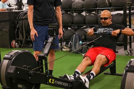U.S. Army Sgt. 1st Class Henry Escobedo warms up before the rowing event, July 13, at Reid Arena, Colorado College, Colorado Springs, Colorado, during the 2025 Department of Defense Warrior Games.