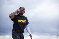 U.S. Army Staff Sgt. Derrick Thompson prepares to put a shot at field practice during the 2025 Department of Defense Warrior Games  at Fort Carson, Colorado, July 14, 2025.