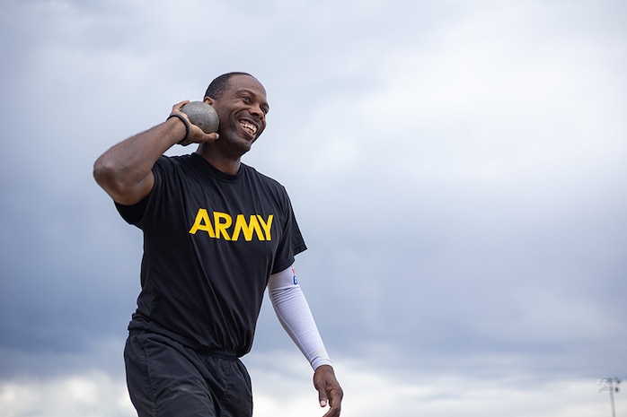 U.S. Army Staff Sgt. Derrick Thompson prepares to put a shot at field practice during the 2025 Department of Defense Warrior Games  at Fort Carson, Colorado, July 14, 2025.