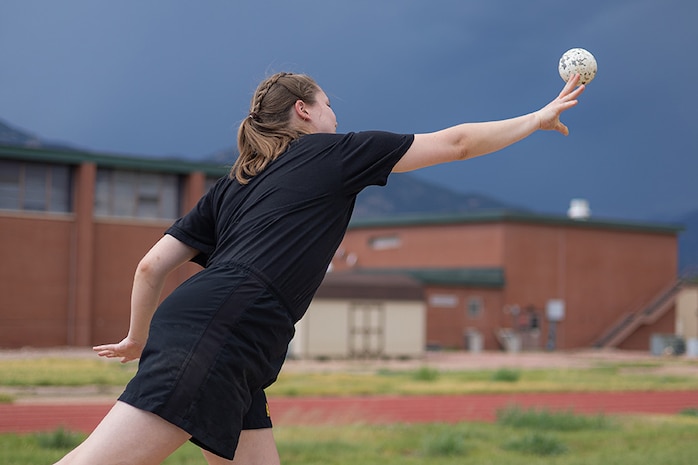 U.S. Army veteran Avery Short puts a shot at field practice during the 2025 Department of Defense Warrior Games at Fort Carson, Colorado, July 14, 2025.