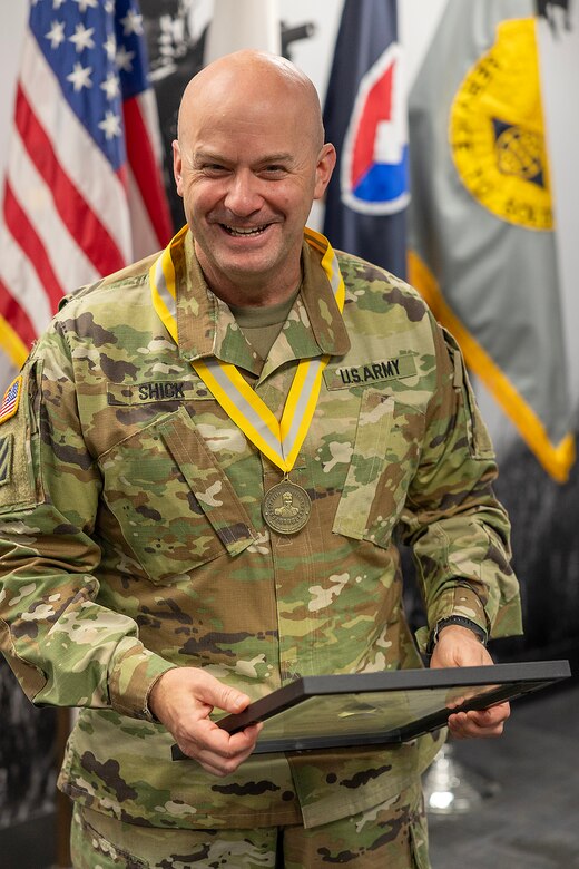 Lt. Col. Jason L. Shick, U.S. Army Financial Management Command plans and operations officer, delivers remarks after receiving a Maj. Gen. Nathan Towson Regimental Medallion at the Maj. Gen. Emmett J. Bean Federal Center in Indianapolis June 2, 2025. The Towson was established by the U.S. Army Finance Corps Association on May 7, 1993, to recognize exceptional achievement or exemplary service by currently serving U.S. Army finance and comptroller commissioned officers, non-commissioned officers, enlisted Soldiers and civilians demonstrating exceptional leadership and whose accomplishments clearly distinguish them from their peers. (U.S. Army photo by Mark R. W. Orders-Woempner)